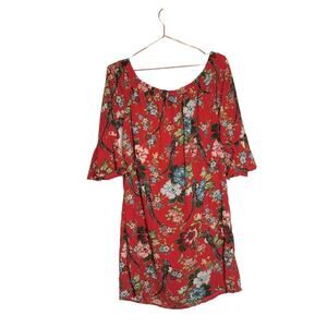 City streets Red Floral bird Pattern Off Shoulder bell sleeve Dress size medium